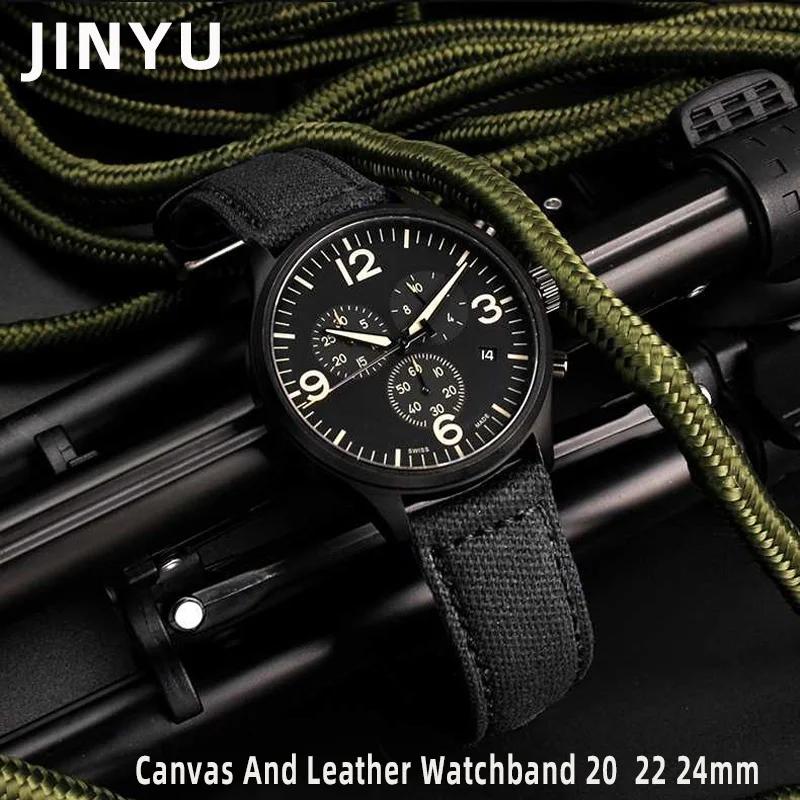 Universal Canvas And Leather Watchband 20MM 22MM 24mm Black And Green Blue Mens Military Watch Strap Handmade Bracel
